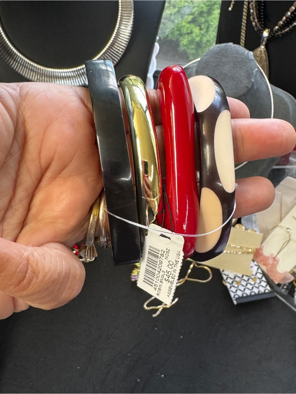 Chico's Mixed Resin Bangle Set in Black, Red, Gold, and Brown